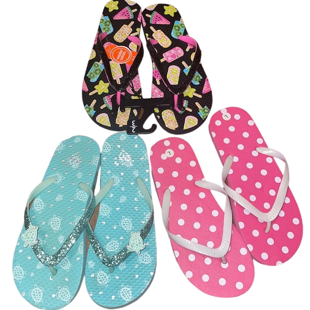 •JUSTICE & WALMART•NWT BUNDLE OF 3/PAIRS OF LITTLE GIRL FLIP-FLOP SIZE 2/3